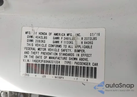 2017 Honda Accord Ex-L V6 z USA, uszkodzony, nr VIN 1HGCR3F8XHA001004